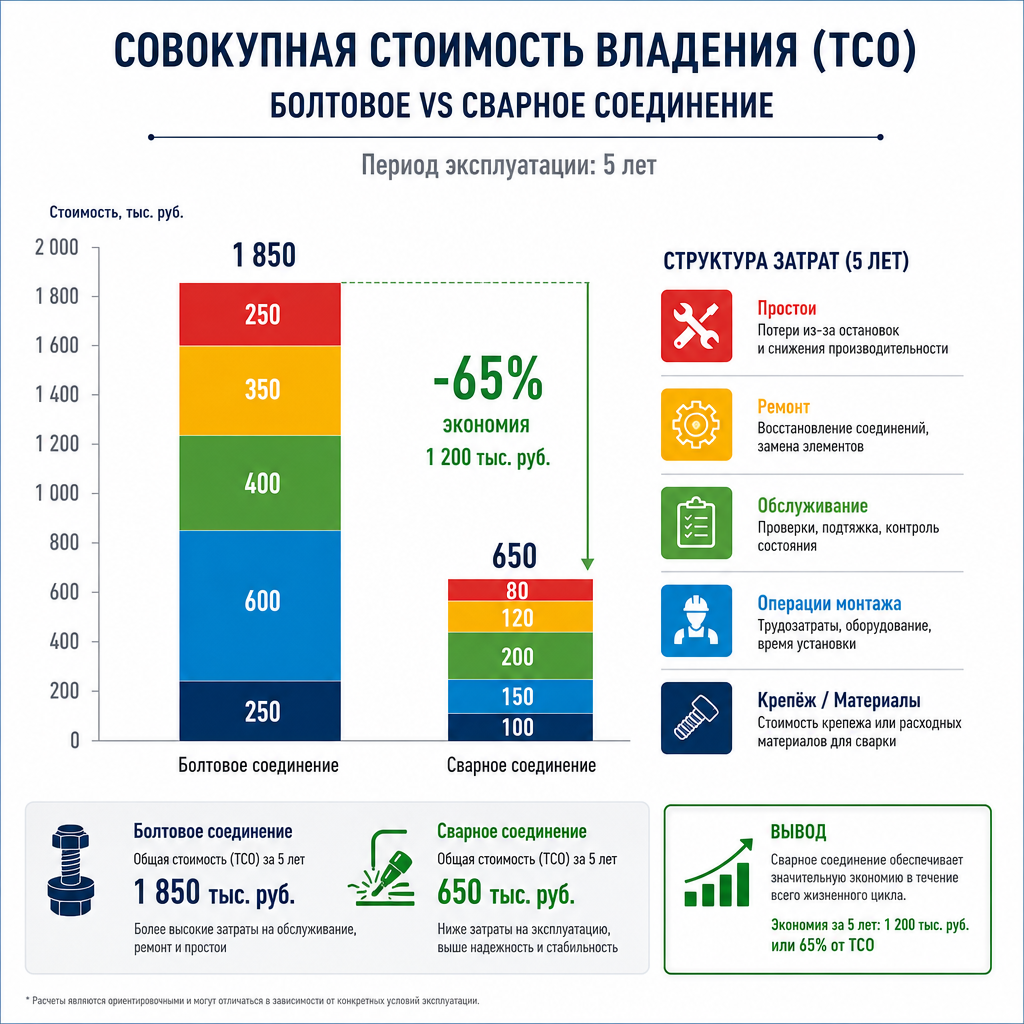Инфографика — сравнительная диаграмма совокупной стоимости владения (TCO) болтового и сварного соединения на протяжении 5 лет эксплуатации: столбчатая диаграмма с разбивкой по статьям затрат (крепёж, операции монтажа, обслуживание, ремонт, простои); сварное соединение демонстрирует значительно меньшую суммарную стоимость