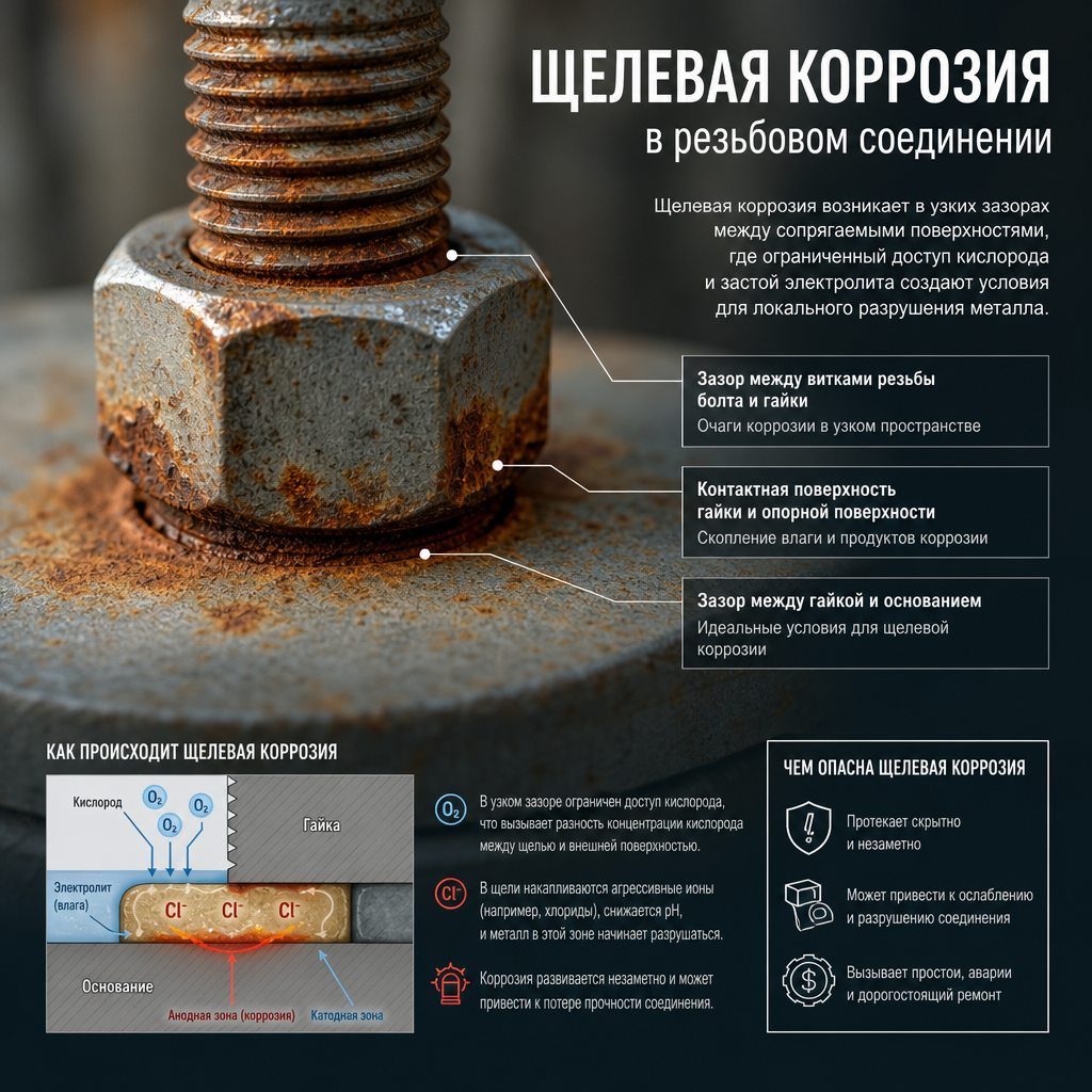 Крупный план резьбового болтового соединения с видимыми следами коррозии и ржавчины в зазорах между болтом, гайкой и металлической поверхностью — наглядная иллюстрация щелевой коррозии в промышленных условиях